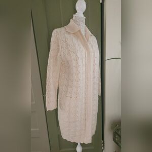 Cuddle Knit Vintage 70s Long Pointelle Knit Acrylic Open Front Cardigan Sweater